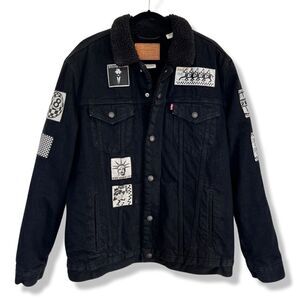 Levi’s Premium Big E Sherpa Denim Trucker Rare Patch Fall Jacket Black XL NWOT